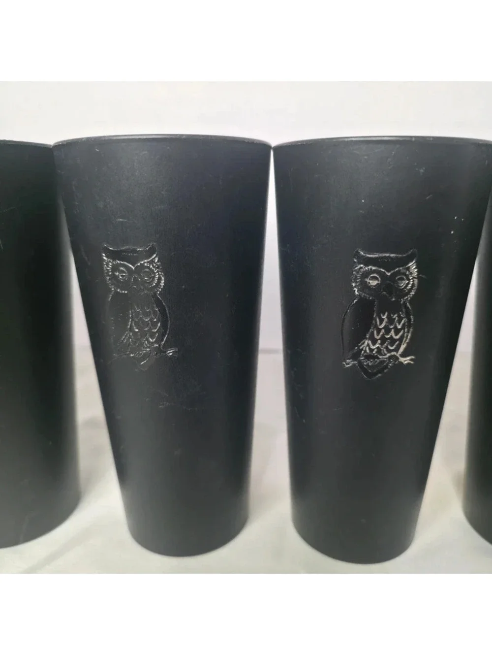 Vintage 1970s Black Owl Plastic Tumblers Set of 6 Retro MCM Gold Owl